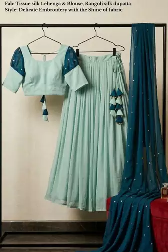 sky blue tissue plain traditional lehenga choli with free size upto 42