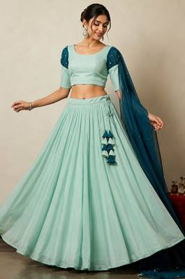 sky blue tissue plain traditional lehenga choli with free size upto 42 3