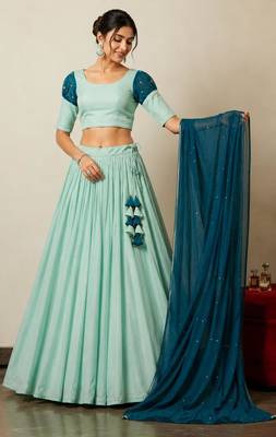 sky blue tissue plain traditional lehenga choli with free size upto 42 4