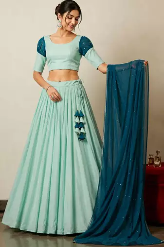 sky blue tissue plain traditional lehenga choli with free size upto 42
