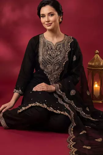 Women Ethnic Motifs Embroidered Kurta with Trousers & With Dupatta