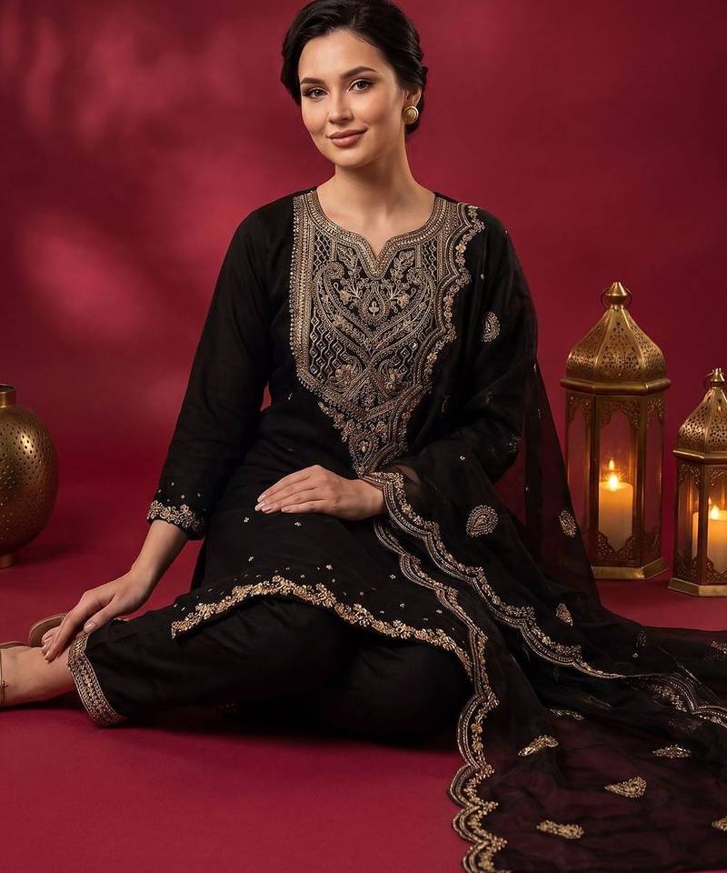 Women Ethnic Motifs Embroidered Kurta with Trousers & With Dupatta