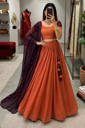 brown tissue plain traditional lehenga choli with free size upto 42