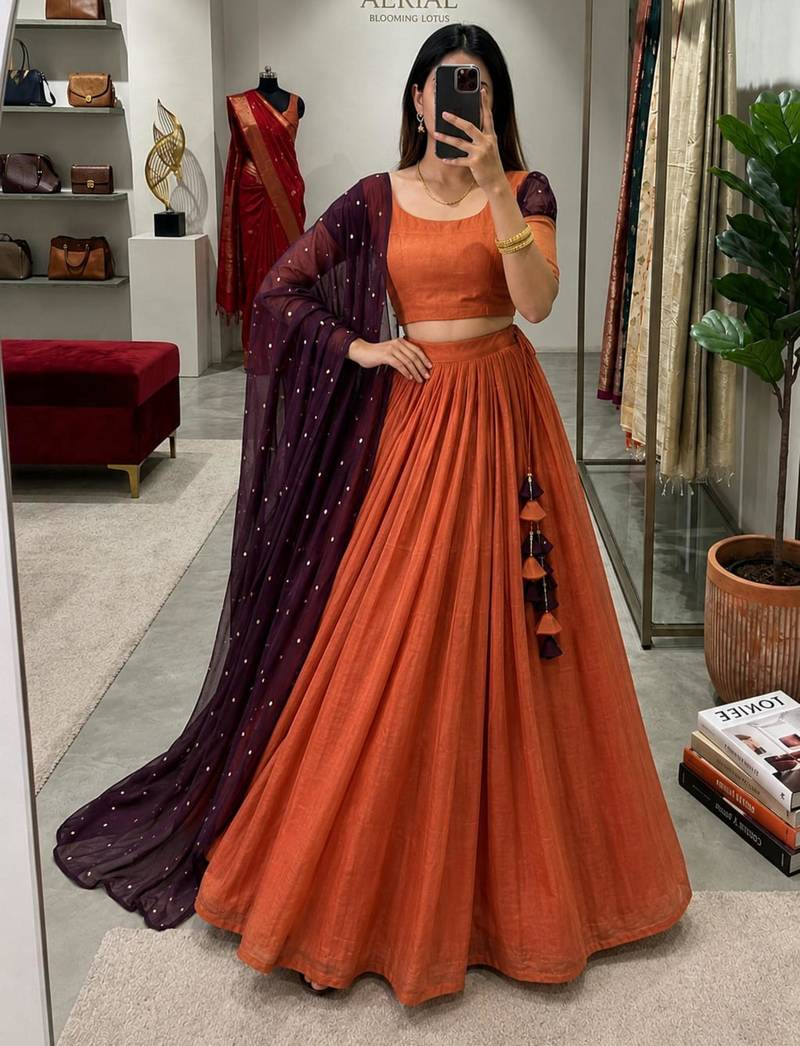brown tissue plain traditional lehenga choli with free size upto 42