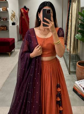 brown tissue plain traditional lehenga choli with free size upto 42 3