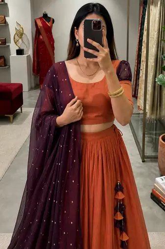 brown tissue plain traditional lehenga choli with free size upto 42
