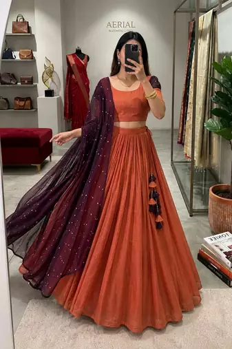 brown tissue plain traditional lehenga choli with free size upto 42