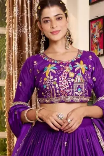purple crepe embroidered traditional lehenga choli with free size upto 42