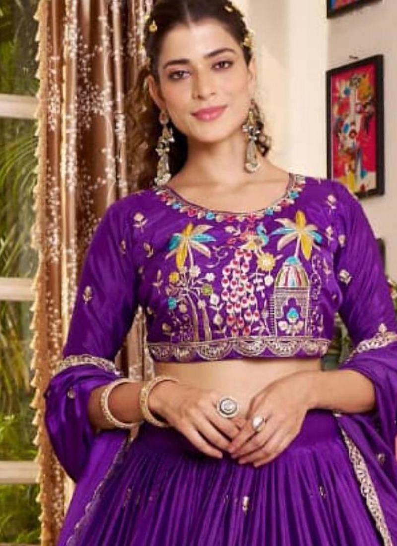 purple crepe embroidered traditional lehenga choli with free size upto 42
