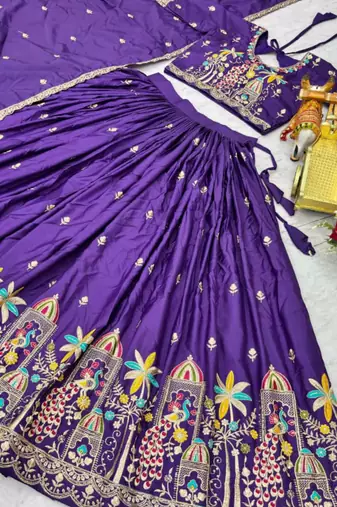 purple crepe embroidered traditional lehenga choli with free size upto 42