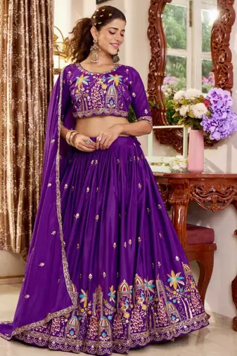purple crepe embroidered traditional lehenga choli with free size upto 42