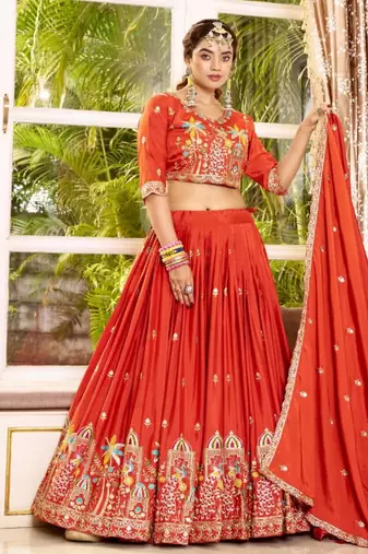 orange crepe embroidered traditional lehenga choli with free size upto 42