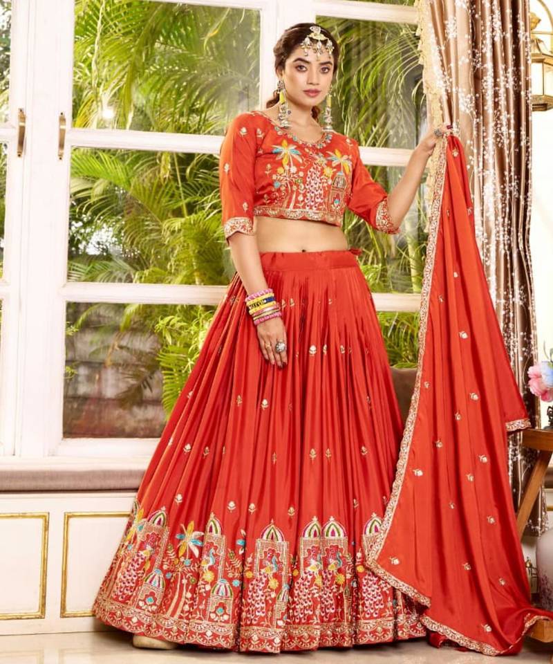 orange crepe embroidered traditional lehenga choli with free size upto 42