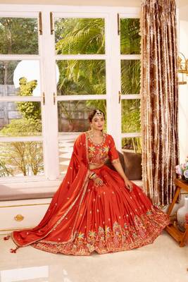 orange crepe embroidered traditional lehenga choli with free size upto 42 2