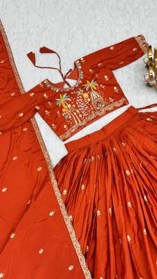 orange crepe embroidered traditional lehenga choli with free size upto 42 3