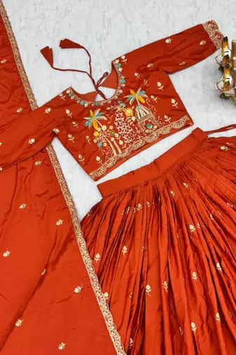 orange crepe embroidered traditional lehenga choli with free size upto 42