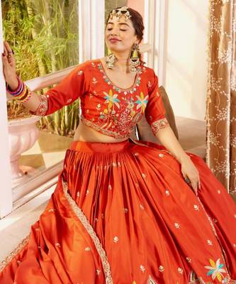 orange crepe embroidered traditional lehenga choli with free size upto 42 4