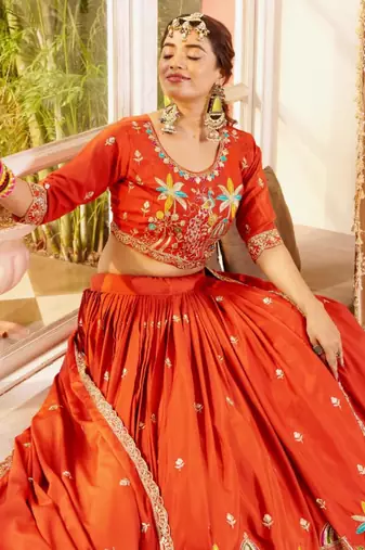 orange crepe embroidered traditional lehenga choli with free size upto 42