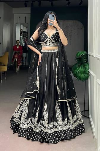 black silk blend embroidered traditional lehenga choli