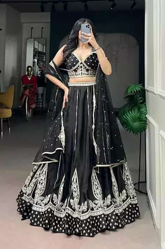 black silk blend embroidered traditional lehenga choli