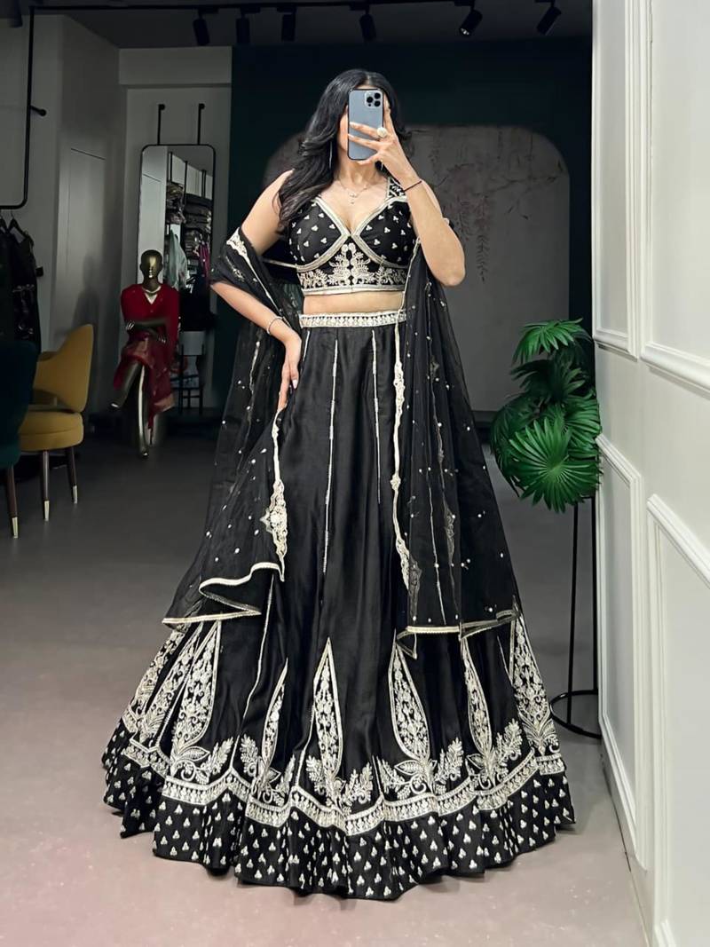 black silk blend embroidered traditional lehenga choli