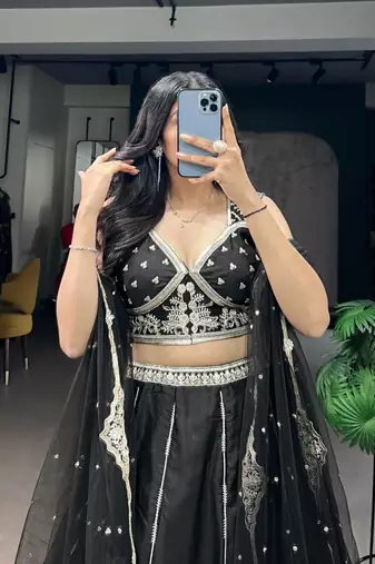 black silk blend embroidered traditional lehenga choli