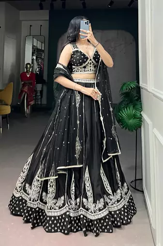 black silk blend embroidered traditional lehenga choli