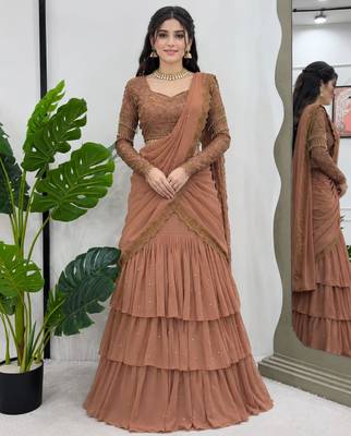 light brown georgette embroidered traditional lehenga choli with free size upto 42 1