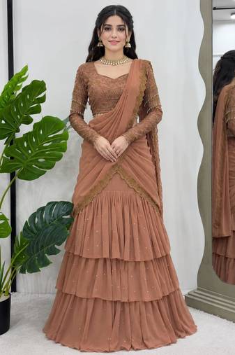 light brown georgette embroidered traditional lehenga choli with free size upto 42