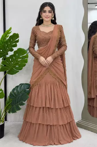 light brown georgette embroidered traditional lehenga choli with free size upto 42
