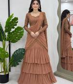 light brown georgette embroidered traditional lehenga choli with free size upto 42