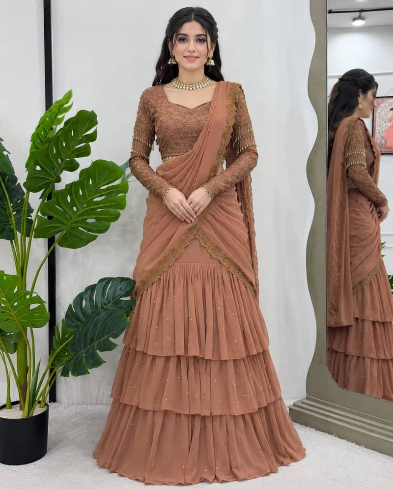 light brown georgette embroidered traditional lehenga choli with free size upto 42