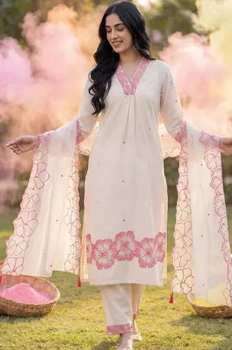 Women Floral Embroidered Thread Work Cotton Kurta with Trousers & With Dupatta