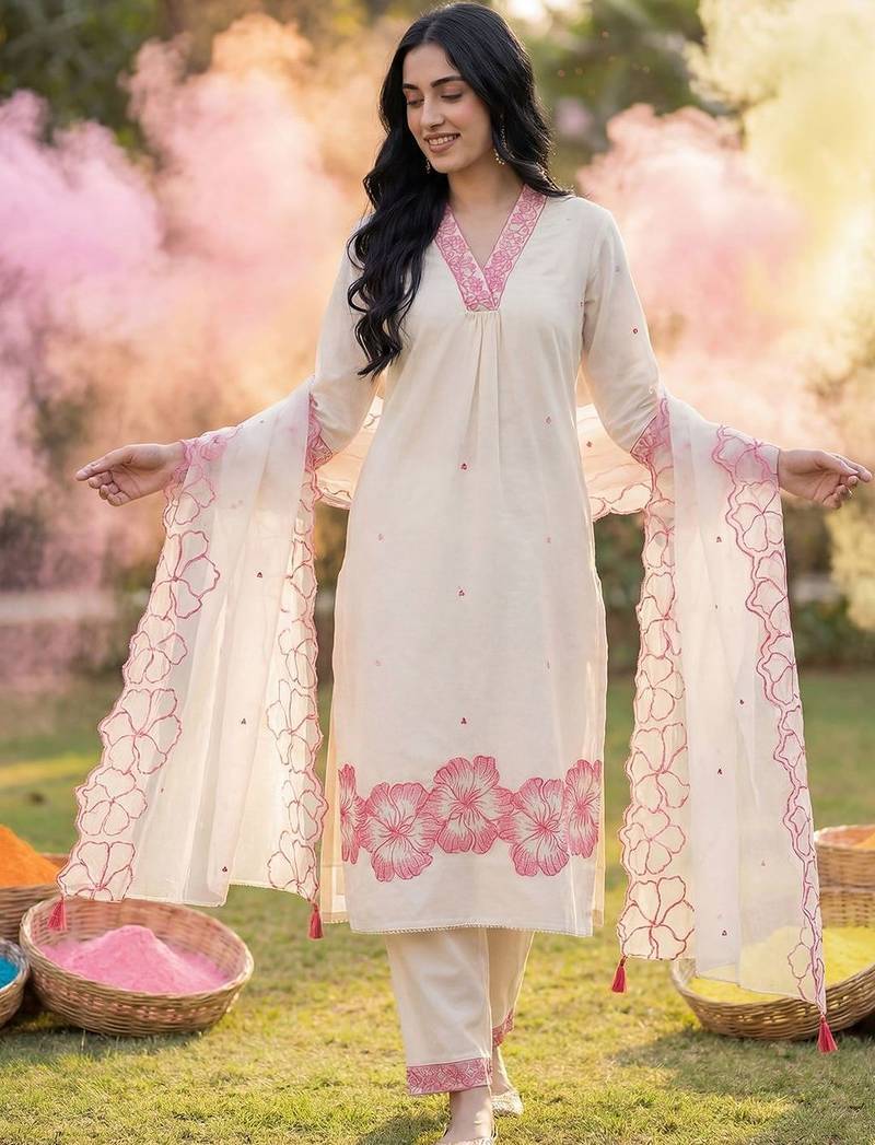 Women Floral Embroidered Thread Work Cotton Kurta with Trousers & With Dupatta