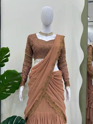 light brown georgette embroidered traditional lehenga choli with free size upto 42 2