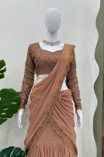 light brown georgette embroidered traditional lehenga choli with free size upto 42
