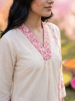 Women Floral Embroidered Thread Work Cotton Kurta with Trousers & With Dupatta 3