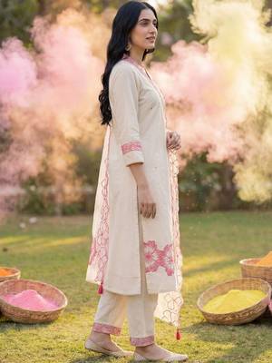 Women Floral Embroidered Thread Work Cotton Kurta with Trousers & With Dupatta 4
