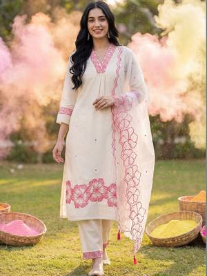 Women Floral Embroidered Thread Work Cotton Kurta with Trousers & With Dupatta 6