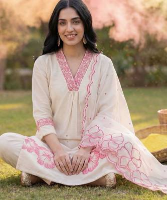 Women Floral Embroidered Thread Work Cotton Kurta with Trousers & With Dupatta 7