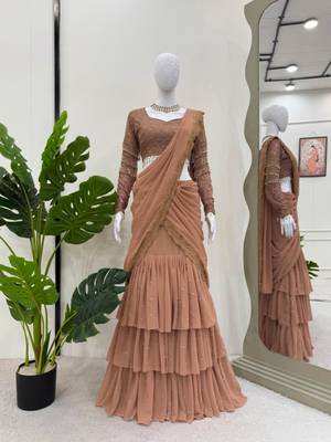 light brown georgette embroidered traditional lehenga choli with free size upto 42 3