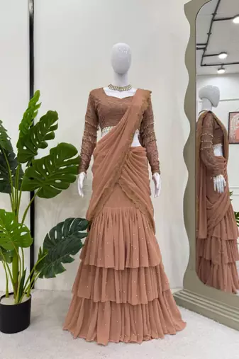 light brown georgette embroidered traditional lehenga choli with free size upto 42
