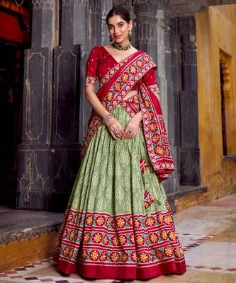 green silk blend printed traditional lehenga choli 1