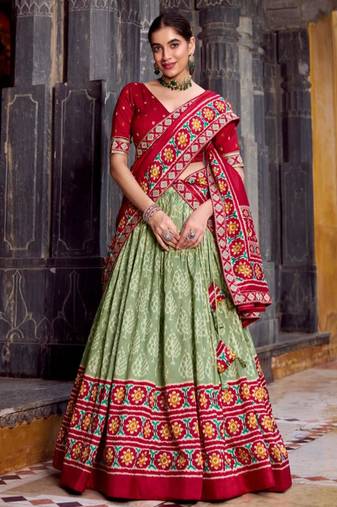 green silk blend printed traditional lehenga choli