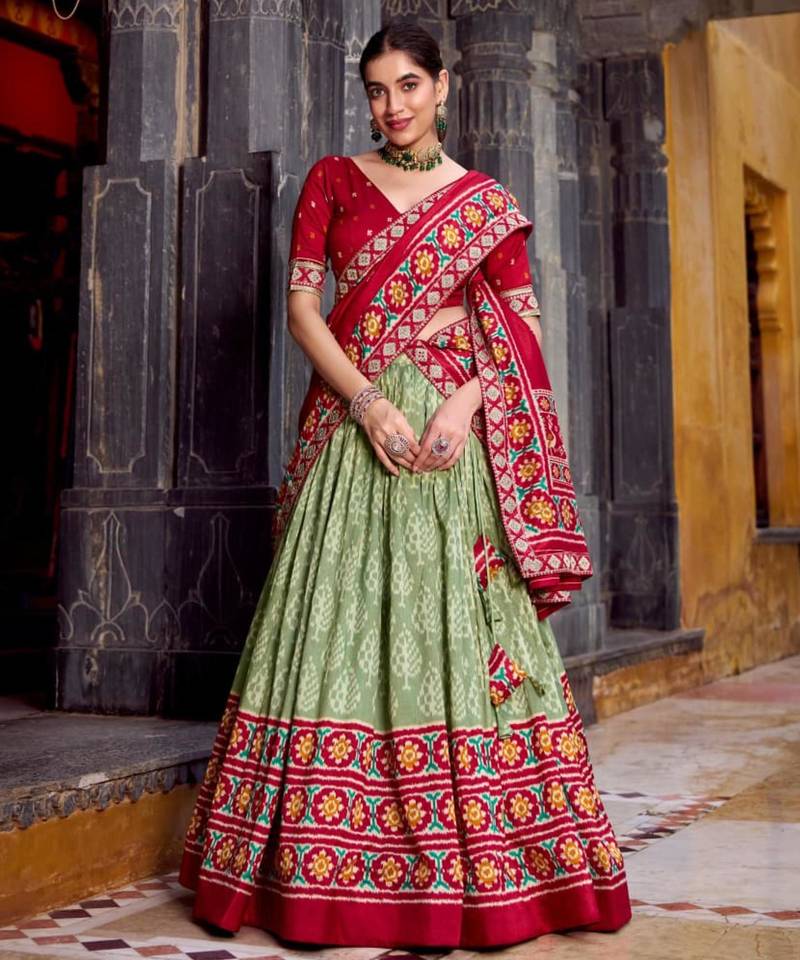 green silk blend printed traditional lehenga choli