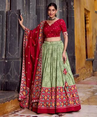 green silk blend printed traditional lehenga choli 2