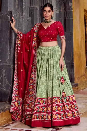 green silk blend printed traditional lehenga choli