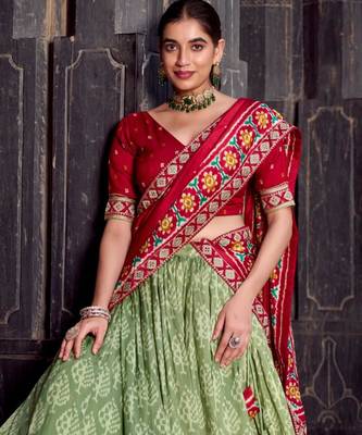 green silk blend printed traditional lehenga choli 3