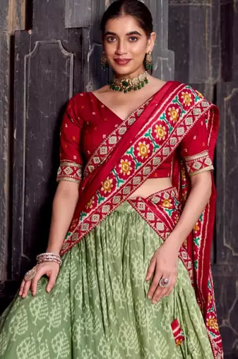 green silk blend printed traditional lehenga choli