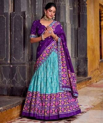 sky blue silk blend printed traditional lehenga choli 1